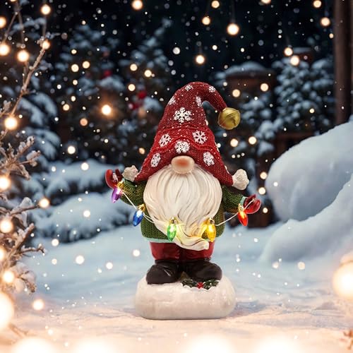TERESA'S COLLECTIONS Outdoor Christmas Decorations, Christmas Gnomes Decor, Winter Garden Gnome with Solar Lights, Waterproof Resin Ornaments, Xmas Gift Outdoor/Indoor, 8.8",Red&Green