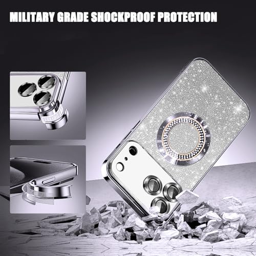 Image of Misscase for iPhone 17 Pro Magnetic Glitter Case Compatible with MagSafe,Full Protection Slim Shockproof Anti-Scratch Case with Camera Lens Protector Plating Bling Dust-Proof Net Silver
