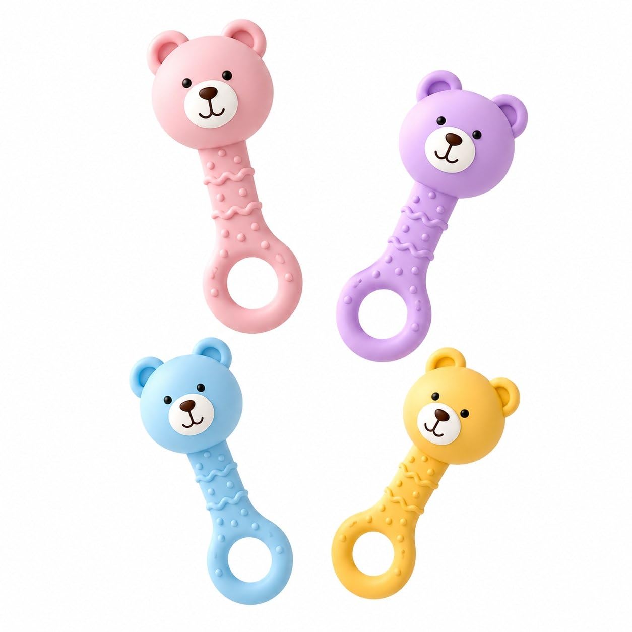 Bear Shape Baby Silicone Teether Rattle Toy, 4 Colours | Textured Grip Handle, Ring Loop Design, Soothes Teething Gums, Infant Chew Toy, BPA-Free Silicone-image-15
