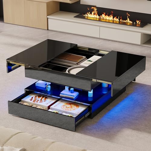 BursDany Table Basse Brillante avec LED RGB et Rangement – Table de Salon Moderne avec 4 Tiroirs et 2 Étagères, Square Coffee Table, 78x78x43 cm, Noir