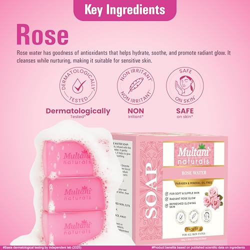 Image of Multani Naturals Rosewater & Aloe Vera Soap Bar For Bath (125gm - Pack of 6) | Paraben Free | Clinically Tested | Herbal Soap Bar with Rose Water & Glycerin | Helps Sooth & Calm Irritated Skin, Hydrate & Softens Skin | For All Skin Types | Soap For Men & Women