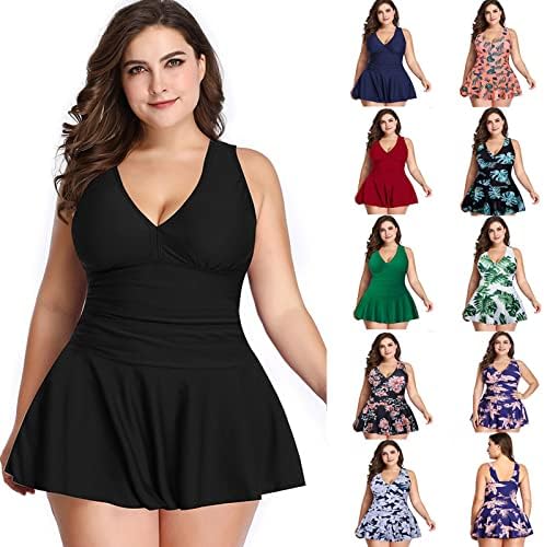 [XJXZCFNB] 水着 プラスサイズの水着女性ソリッドカラー水着プリント2ピースビキニドレスファッションセクシーVネックバックレ