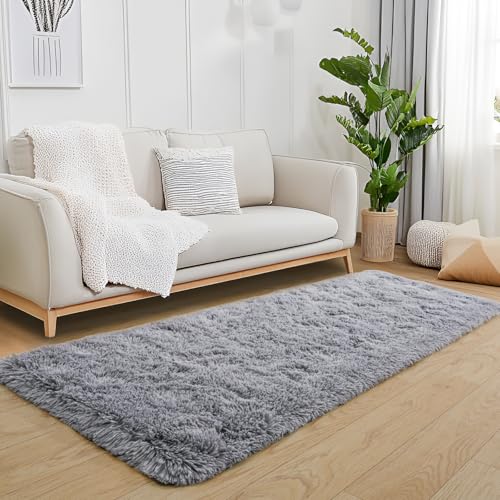 KING DARE Grey Runner Rug 2x6 for Bedroom Bedside, Fluffy Shaggy Washable Plush Fuzzy Shag Non-Slip Soft Carpet for Dorm Hallways Entryway Kids Room, Modern Home Decor Aesthetic