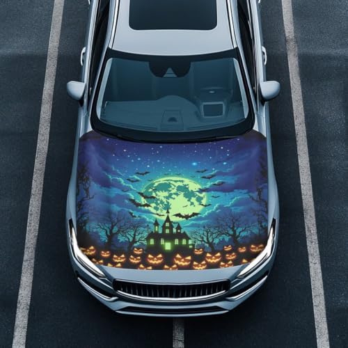Image of Haunted House Night Sky Print Car Hood Cover Stretchable Auto Hood Wrap Blankets Waterproof Automotive Halloween Outdoor Decorations for Compact Sedans SUV Trucks Van