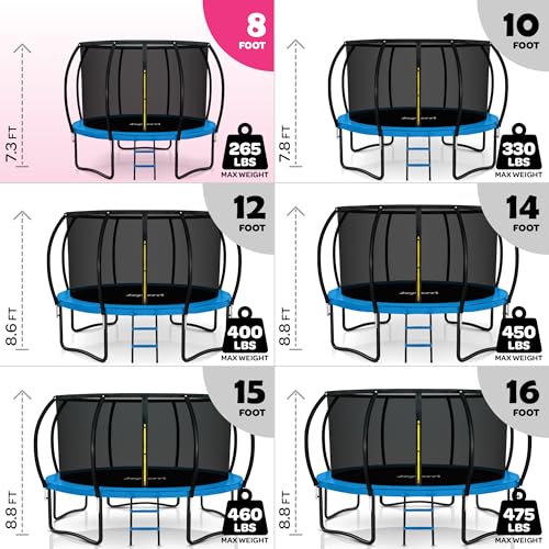 Image of JoyBerri Upsurge Trampoline Outdoor - ASTM Certified Safe 8Ft 10Ft 12Ft 14Ft 15Ft 16Ft Recreational Trampoline for Kids and Adults. Anti-Rust Coating with Enclosure Net, Ladder, Sprinkler & LED Lights