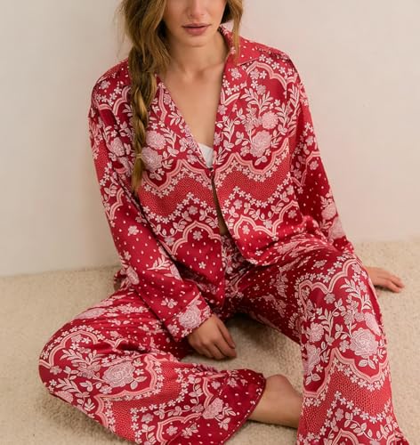 Image of Women Satin Pajama Set Floral Silk Pajamas 2 Piece Lounge Sets Button Down Shirts Wide Leg Pants Pjs Sleepwear