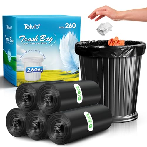 Image of Teivio 2.6 Gallon 260 Counts Strong Trash Bags Garbage Bags, Bathroom Trash Can Bin Liners, Small Plastic Bags for Home Office Kitchen Kitchen (Black)