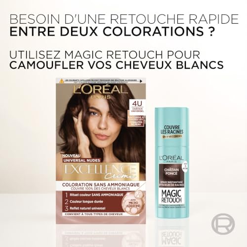 L’ORÉAL PARIS - Coloration Cheveux Permanente - Longue Durée - Résultat Naturel & Lumineux - Couvre 100% des Cheveux Blancs - Excellence Crème Universal Nudes - Nuance : Châtain Universel (4U)