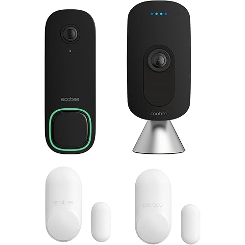 ecobee Home Security Bundle with Smart Doorbell Camera (Wired), SmartSensor for Doors and Windows, and SmartCamera with Voice Control.