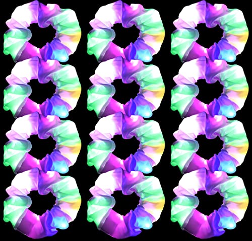 12PCS LED Hair Scrunchies Light Up White Scrunchies,Satin Ponytail Holder Glow in the Dark Hair Accessories Neon Rave Party Supplies