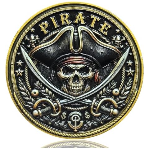 LZWIN Pirate Adventure Challenge Coin - Skull and Crossed Swords with Treasure Map Design Cover