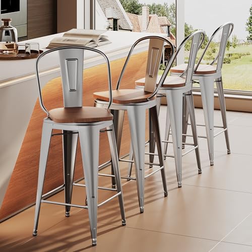Image of Aklaus Swivel Metal Bar Stools with Backs Counter Stools Set of 4 Counter Height Stools High Back Bar Chairs 26 Inches Barstools Farmhouse Silver
