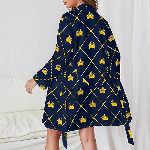 Navy Blue Pattern Yellow Crown Bathrobe for Women Soft Lightweight Knee Length Loungewear Spa Bathrobe Long Sleeved Nightgown M - Image 4