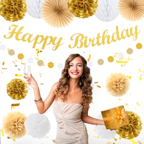 Image of White-Gold Champagne Birthday Party-Decorations Paper-Flowers - 14pcs Happy Banner Engagement Honeycomb Tissue Pom Poms,Women Streamers Garland Beige Fans,21st 18th Girl Hanging Supplies Decor Hugfond
