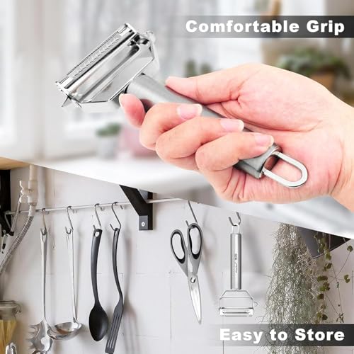 Image of Holstein 2-in-1 Multi-Functional Julienne Peeler for Salad | Stainless Steel Peeler for Vegetables & Fruits | Potato, Carrot & Cucumber Cutter | Salad Slicer with Serrated Blades (17x8x1.3cm)