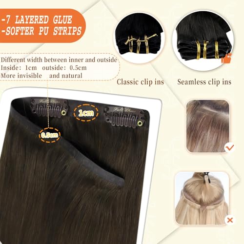 Image of Full Shine Seamless Clip in Hair Extensions Human Hair Dark Brown Real Hair Clip in Extensions Straight Invisible Brazilian Hair Extensions Clip Ins 20 Inch 120g 8 Pcs