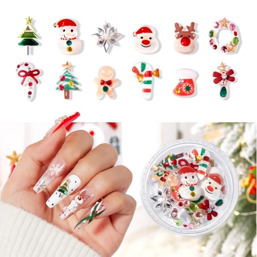 Image of modelones Gel Nail Polish Nail Charms 12Pcs Christmas 3D Nail Gems Templates Christmas Tree Santa Claus Reindeer Snowman Snowflakes Gingerbread Man Nail Rhinestones for Winter Holiday DIY Nail Art