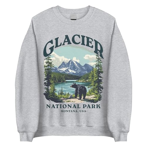 MadalenStore Glacier National Park Sweatshirt - Montana Bear Hiking Outdoor Sweatshirt, Nature Lover Crewneck XL Sport Grey