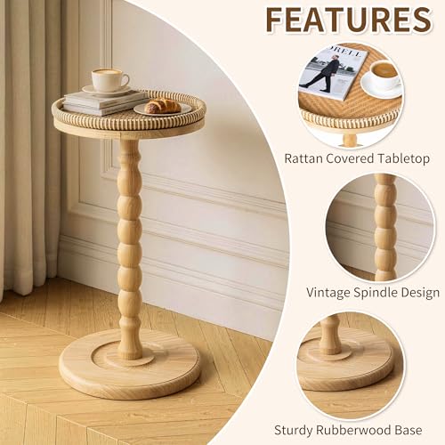 iFaveorr Rattan Round Side Table, Rubberwood‌ Small Drink Table for Small Spaces, Solid Wood Pedestal Coffee Tables, End Tables for Living Room, Sofa Couch, Bedroom, Corners, and Outdoor (Natural) by iFaveorr - Image 2