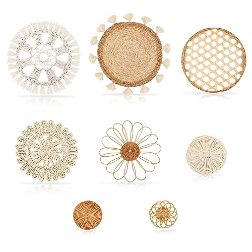 Boho Wall Basket Decor Set of 8 - Flat Woven Basket Wall Hanging Decor,Round Tassels White Macrame Tapestry Wall Decor Art,Handmade Rattan Wicker Seagrass Home Wall Baskets Decor(Boho Classic) - Image 7