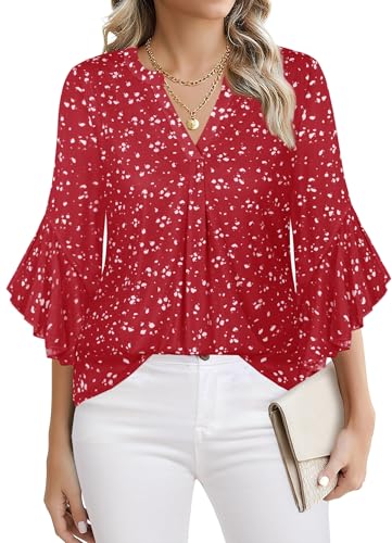 Ninedaily Womens Tops 3/4 Sleeve Dressy Casual Blouses Double Layers V Neck Shirt