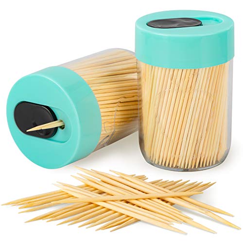 Image of Urbanstrive Sturdy Safe Toothpick Holder with 800 Natural Wood Toothpicks for Teeth Cleaning, Unique Home Design Decoration, Unusual Gift, 2 Pack, Light Blue