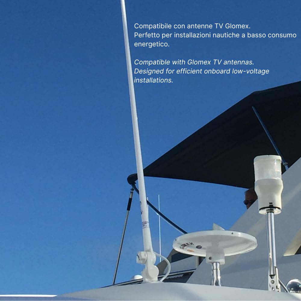 Glomex – Alimentatore Splitter TV/FM/DAB 12Vdc, Modello V9114PI-FM – 2 Uscite Indipendenti, Per Antenne VT300/RA304TV, Per barche a vela, motore, gommoni, yacht – Distribuzione Segnale Efficace