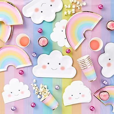 BLUE PANDA Rainbow Party Decorations Set - 99-Piece Set, Serves 24, Pastel Rainbow & Cloud Theme - Includes Cloud Plates - Multicolor Plates & Napkins - Happy Birthday Banner