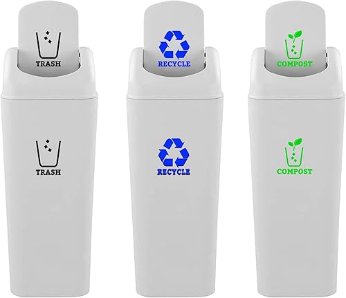 Miniatura 7 de Juego de 3 calcomanías de vinilo de reciclaje para basura, contenedor de compost, símbolo de papelera de reciclaje para organizar botes de basura o