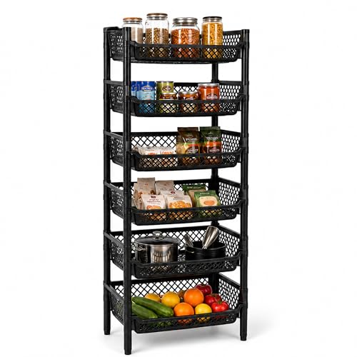 ARTECSIS® Korbregal aus Kunststoff mit 6 Regal-Etagen stapelbar & modular erweiterbares Stecksystem schwarz (schmal) - Kellerregal & Vorratsregal für Lagerung - Abstellraum Steckregal & Lagerregal