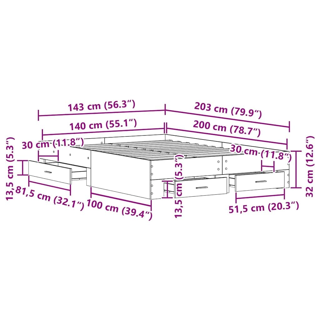 vidaXL Bettrahmen Schwarz Eichen-Optik 140 x 200 cm Holzwerkstoff, Stylisches Stauraum-Bettgestell, rechteckiges Minimalistendesign, Möbel aus Holz für Moderne Schlafzimmer