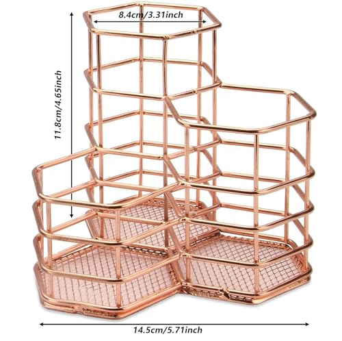 Image of Metal Desk Organizer Pen Stand for Office Desk, Multipurpose Stationery Holder with 3 Compartments for Pens, Makeup Brushes & Accessories (Rose Gold)