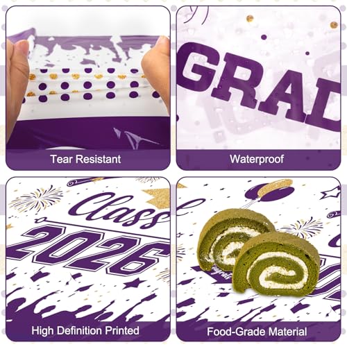 Image of Graduation Decorations Class of 2026 Tablecloth - 3 Pcs Plastic Congrats Grad Table Cloth, Graduation Table Cover for Graduations Party Decorations 2026 and Party Supplies, 54 inchx108 inch (Purple and Gold)
