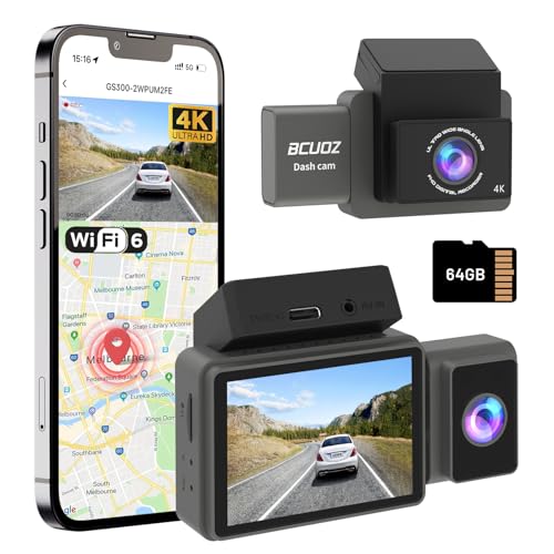 BCUOZ GS300 4K 3 Channel Dash Cam Front/Rear/Inside - WiFi 6 5GHz, Full Night Color, Voice Control, 2.0' IPS Touchscreen, Parking Mode, G-Sensor, 64GB Card Included (Supports 256GB)