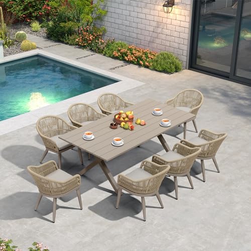 Image of PURPLE LEAF 9 Pieces Outdoor Dining Set with Patio Aluminium Dining Table and Woven Rattan Chairs Modern Metal Furniture Cushions Sets for Garden Yard Indoor Kitchen Champagne