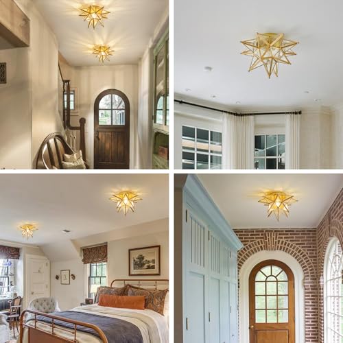 Image of Moravian Star Ceiling Light - 12.7 inch Brass & Hammered Clear Glass, Gold