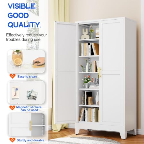 Image of GAIOUS 75.2 inch Tall Metal Storage Cabinet, Kitchen Pantry Cabinet White | Food Storage, Kitchen Organizer, Freestanding Cupboard with 2 Doors and 5 Adjustable Shelves, 6 Tier, Steel,for Office Dining