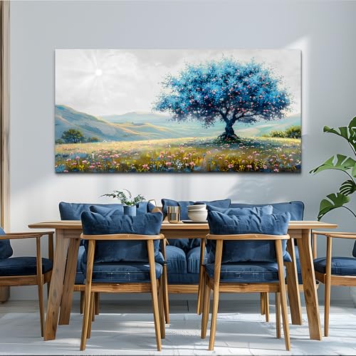 FUHAIHUA Large Wall Decor For Living Room Canvas Wall Art For Office Modern Wall Decorations For Bedroom Pastoral Landscape Painting Blue Tree Pictures Artwork Room Aesthetic Home Decor 24x48 In