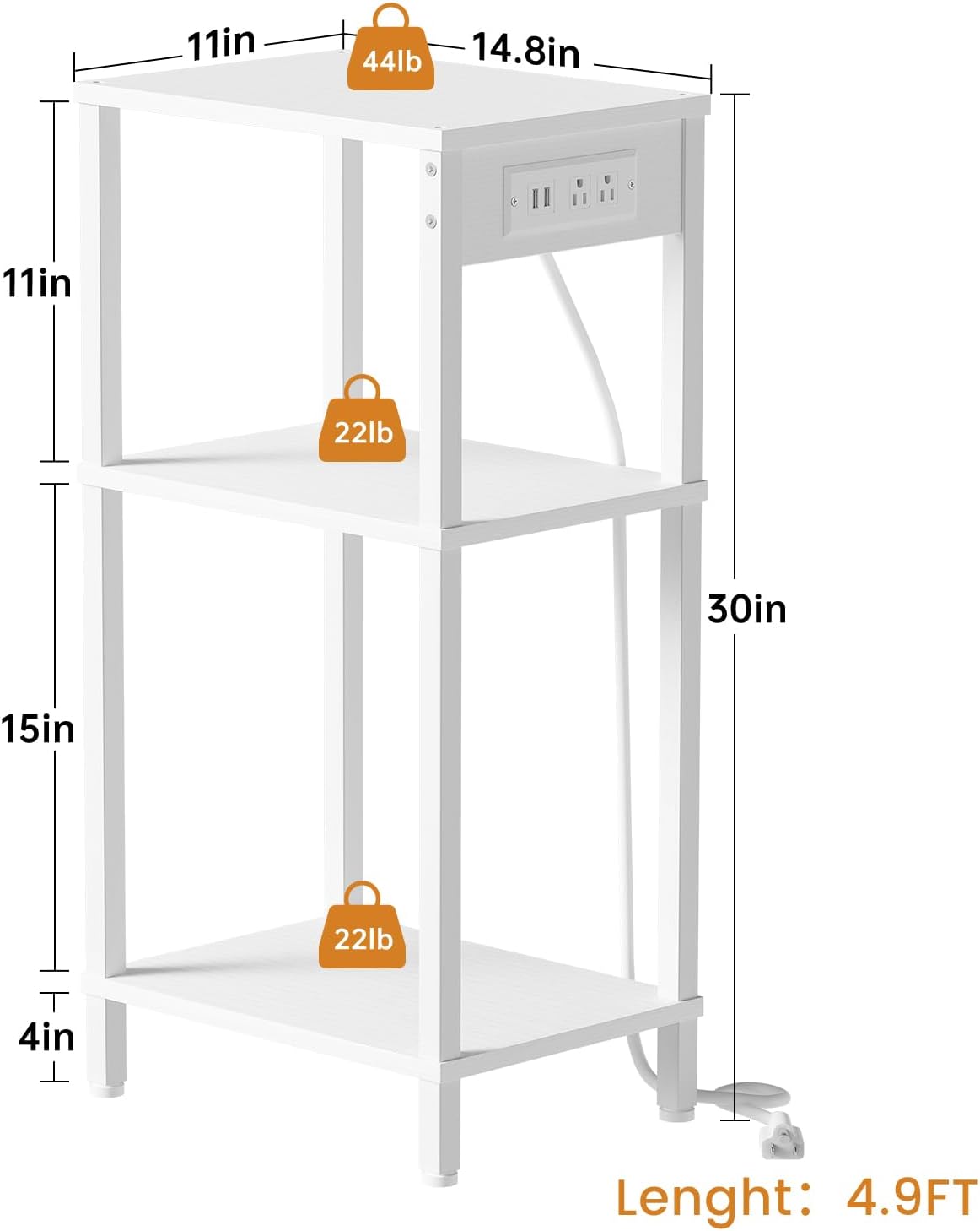 Tall End Table with Charging Station and USB Ports, 3 Tier Narrow Tall Bedside Table with Storage, Slim Nightstand with Outlets for Bedroom, Living Room, Nursery, Office, White