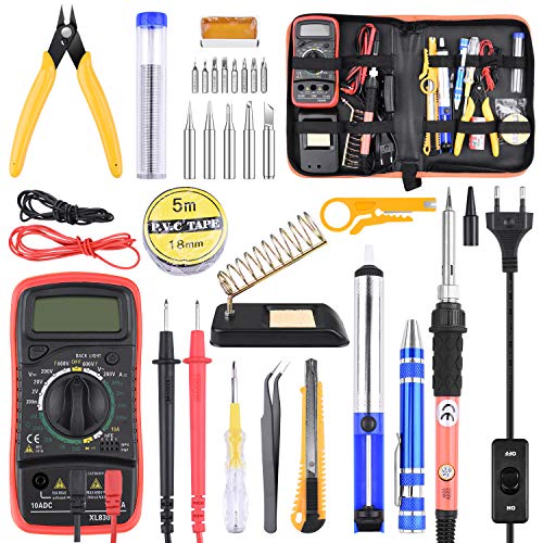ETEPON Saldatore Kit, Kit per Saldatura 60w Kit Saldatore con Multimetro Digitale, Pistola per Saldatura a Temperatura Regolabile, Pompa per Dissaldatura, Stazione di Saldatura etc (24 pezzi)
