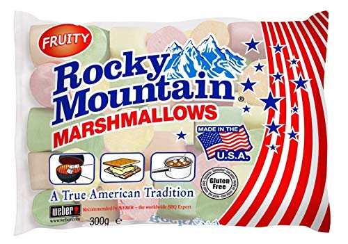 Rocky Mountain Marshmallows Fruity 2 pack, dulces tradicionales americanos coloridos para asar en una fogata, tostar o cocinar, sabor afrutado, 2 x 300g