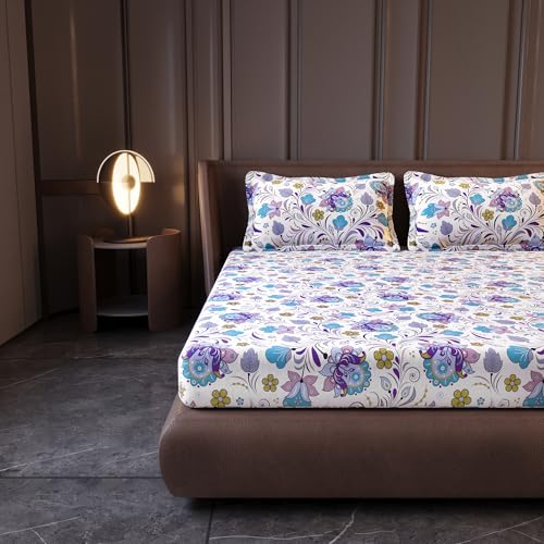 Image of Divine Casa 144 TC Cotton King Size Bedsheet with 2 Pillow Covers | Soft Comfortable Bedsheet for King Size Bed | Breathable Printed Bedding Set | 270 x 270 cm (Purple Blue, Floral)