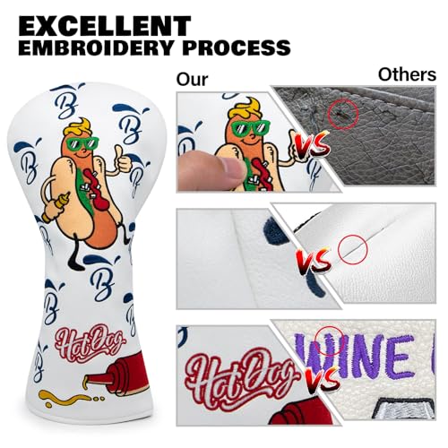 BAIRBRE Golf Club Covers, Hot Dog Golf Driver Cover Fariway Wood Headcovers Hybrid Head Covers 3 Wood Headcover Leather Golf Headcover with Number Tag for All Brand