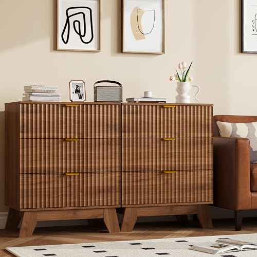 Image of Fluted Nightstand Sets of 2 with 3 Large Drawers, Wooden Side End Table with Elevated Legs for Easy Cleaning, Sturdy Modern Beside Table for Small Space, Bedroom, Walnut, 24 inch L