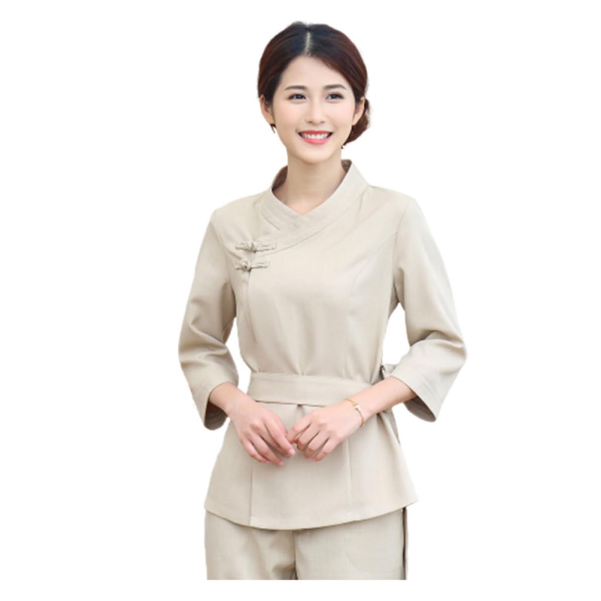 SHINEOFI Tuta da Lavoro Beige per Estetista in Poliestere e Spandex Cintura Regolabile e Design Pieghevole per Salone Spa e Trattamenti di Bellezza