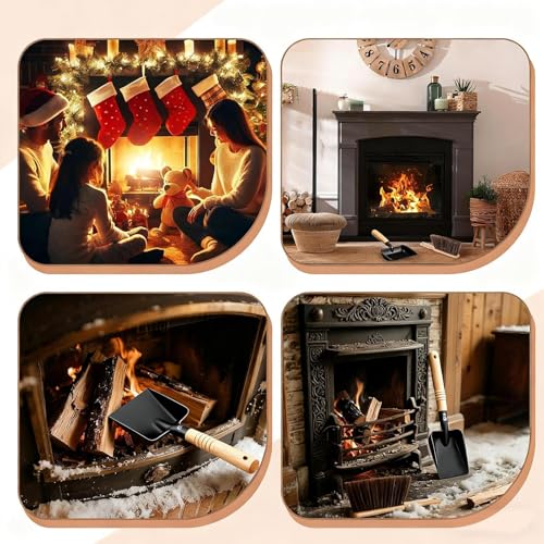 Pala de chimenea de madera y metal, kit con cepillo para estufa de leña 6
