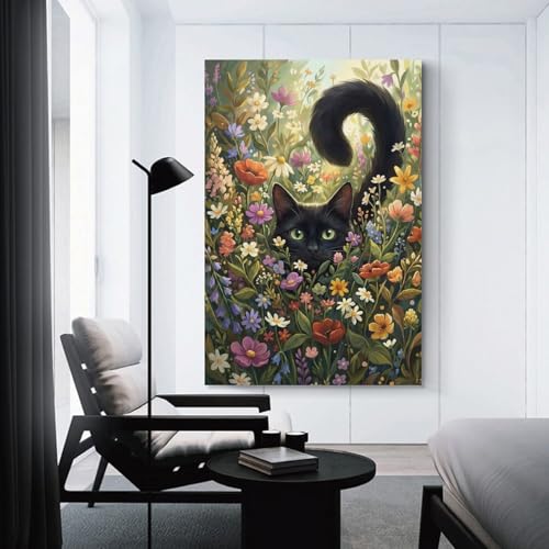 Tableau sur toile chat noir cadeau idéal œuvre moderne 16x24inch