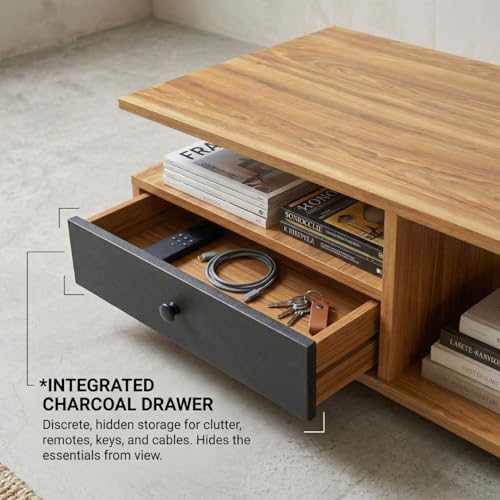 Image of FFO Modern Coffee Table with Storage Drawer & Open Shelves (90 x 60 x 45 cm) | Wooden Center Table for Living Room | Space-Saving Tea Table with Storage DIY.
