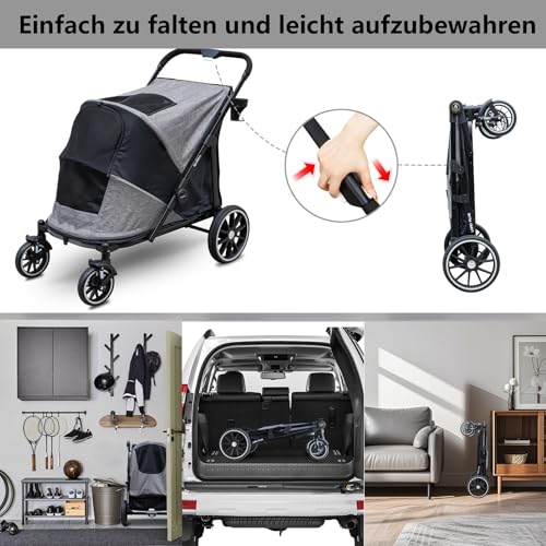 Quolliter Hundewagen Ein-Taste-Zusammenklappung Hundebuggy bis 50kg Hundewagen Große Hunde Katzenwagen für 2 Große Katzen 360° Verschleißfeste Gummiräder Netzfenstern