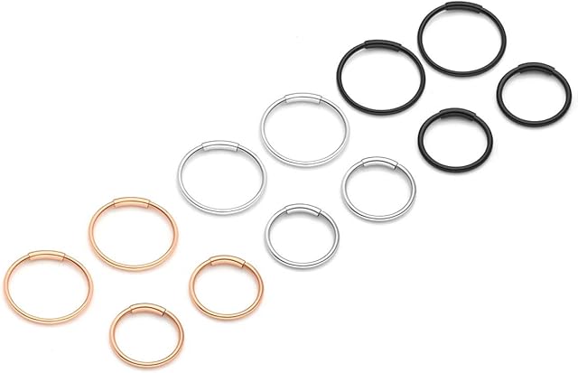 PiercingJ 12pcs Stainless Steel 20G Mixed 8mm 10mm Hinged Clicker Seamless Nose Hoop Rings for Nose Ear Helix Cartilage Tragus Daith Septum Eyebrow Lip Body Piercing Jewelry